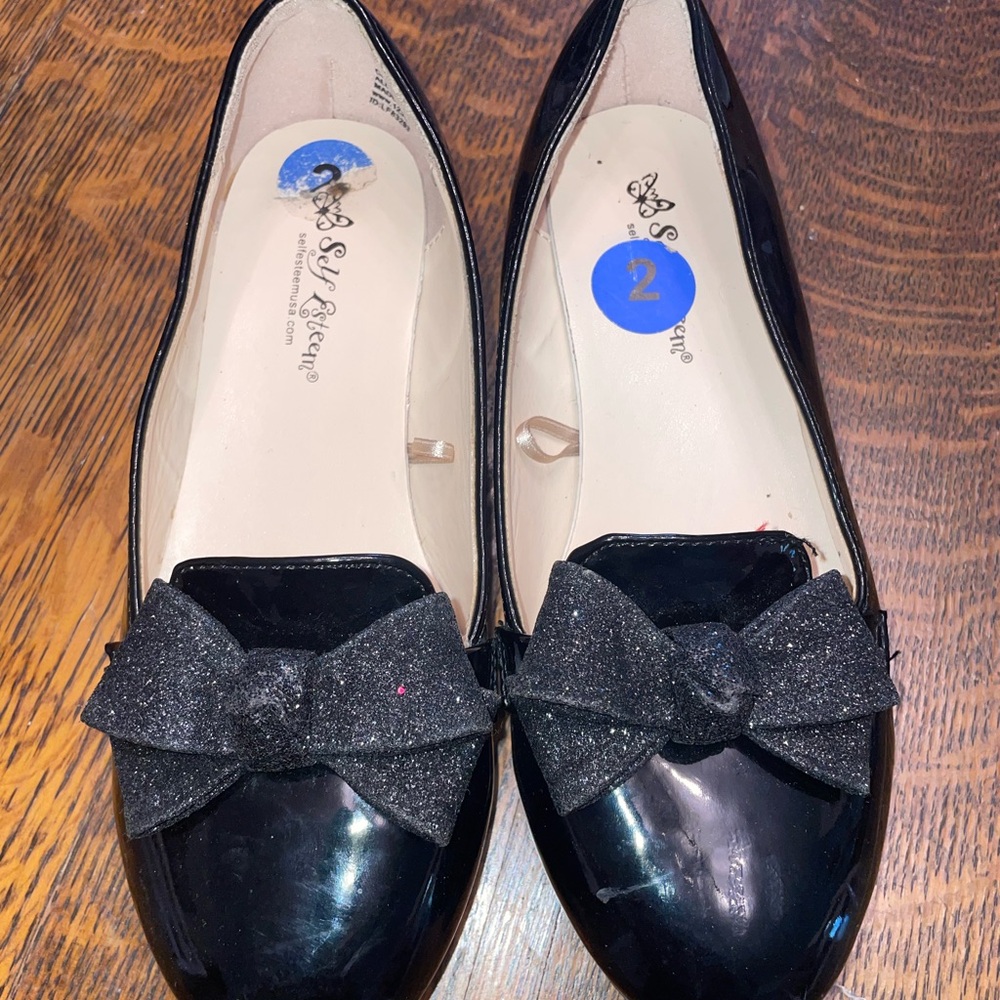 Girl Black Patent Leather Glitter Bow Flats
